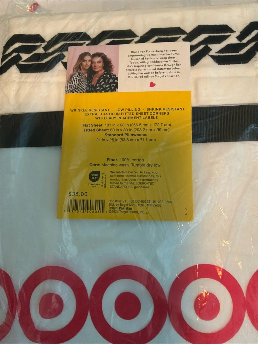 Diane Von Furstenberg 100% cotton twin sheet set white with black trim new